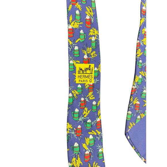 Hermes tie Made for Kronenbourg Breweries in Blue with Beer Mugs and Barley RARE - Picture 5 of 9